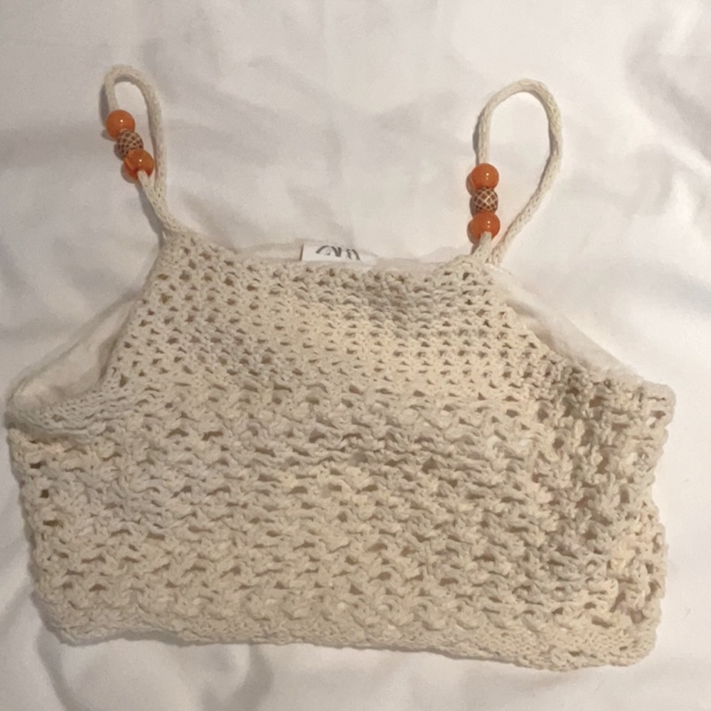 Kids Zara cream crocheted cropped tank top with orange beads
